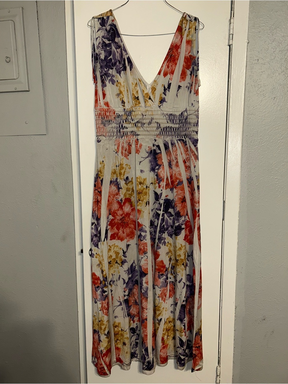 Just Love Sleeveless Floral Maxi Dress in White with Red, Purple & Yellow Blooms